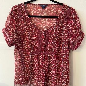 Maroon Floral/Lace Summer Short Sleeve Blouse
